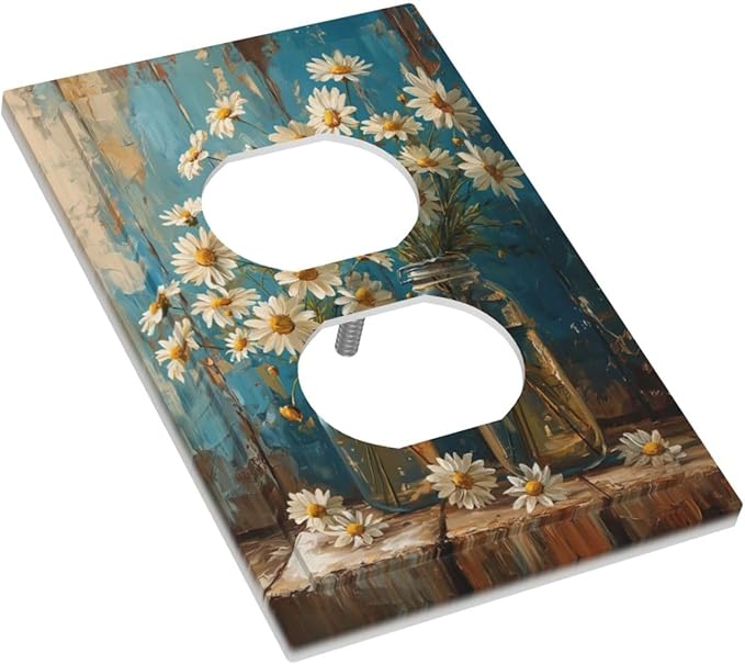 Delicate White Daisy Jars Retro Wood Background Outlet Covers 1 Gang Duplex Light Switch Cover Decorative Switch Plates Electrical Receptacle Faceplate Wall Plate for Farmhouse Home Decor