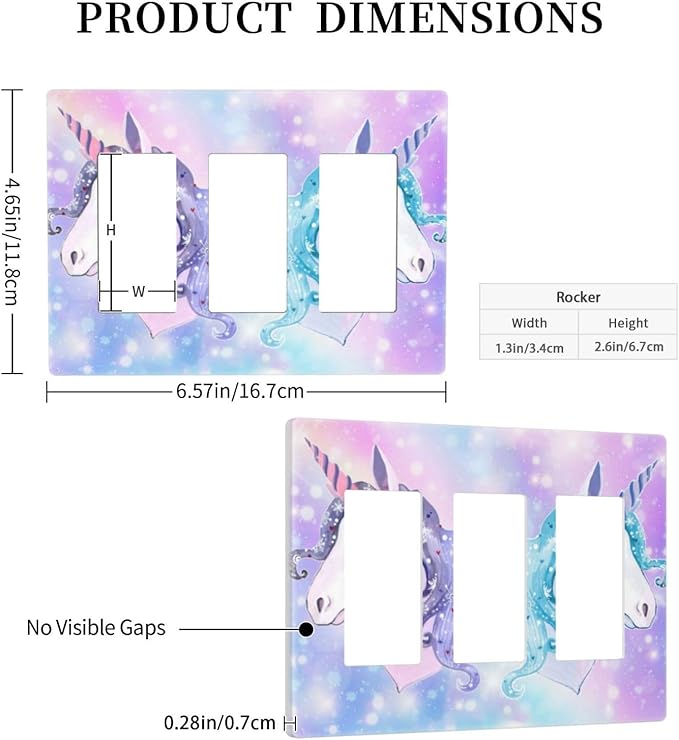 Cute Colorful Purple/Blue/Pink Rainbow Unicorn 3-Gang Rocker/Decorator Wall Plate Kid Girls Girly Dreamy Decorative Screwless Triple Device Light Receptacle GFCI Outlet Switch Faceplate Cover Dimmer