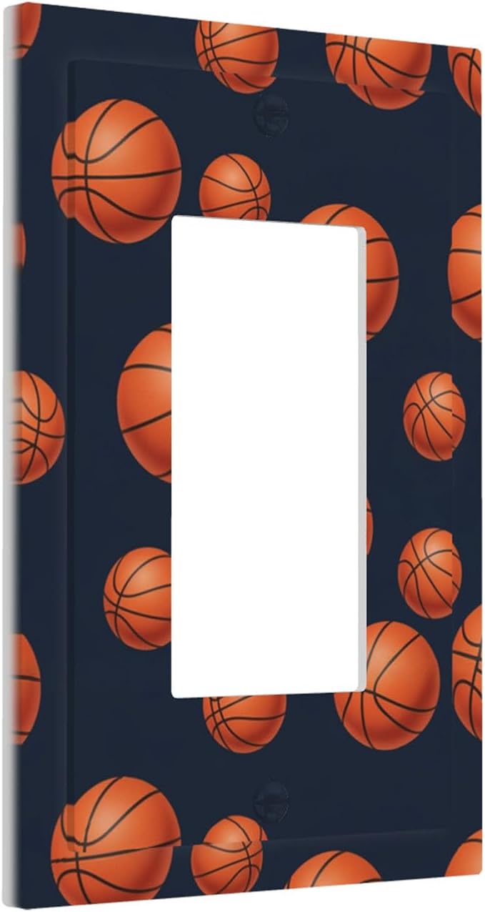 Basketball Single Rocker Switch Cover - 1-Gang Standard US Size Sports Design Navy Blue Light Switch Covers, Vintage Basketball for Boys Room