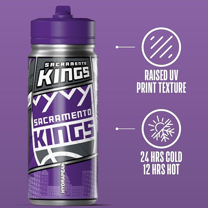 Hydrapeak x NBA Sacramento Kings 20 oz Stainless Steel Water Bottle, Officially Licensed Double Wall Insulated Sports Bottle with Straw Lid, Reusable Leakproof Gift for Kids & Adults