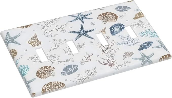 Ocean Starfish Seashells Nautical Coastal Sea Coral Light Switch Covers Quad Toggle Electrical Faceplate 4 Gang Wall Plate Decorative Switch Plates for Kids Room Nursery Decor