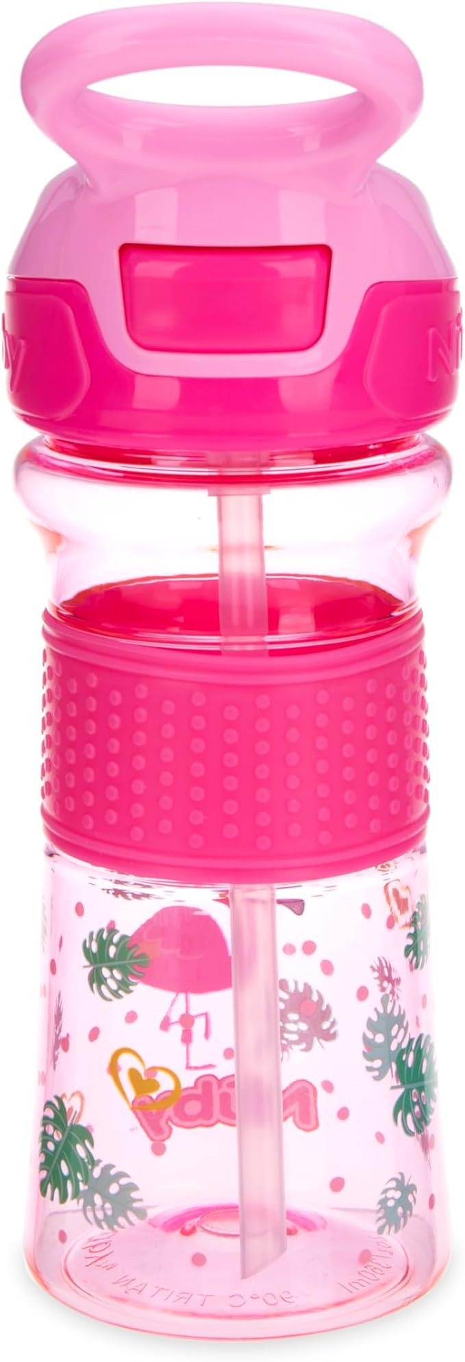 Nuby Thirsty Kids Push Button Flip-it Soft Spout on The Go Water Bottle with Easy Grip Band, Pink Rainbows, 12 Ounce