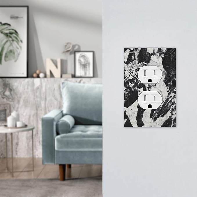 Black White Marble Abstract Luxury Outlet Covers 1 Gang Duplex Light Switch Cover Decorative Switch Plates Electrical Receptacle Faceplate Wall Plate for Bathroom Kitchen Decor
