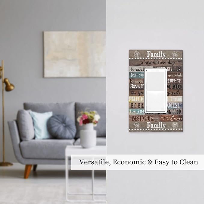 1 Gang Single GFCI/Decorator Rocker Outlet Light Switch Wall Plate Cover Rustic Vintage Country Family Home Inspirational Quotes Rule Cabin Barn Wood Decorative One Device Electrical Faceplate Dimmer