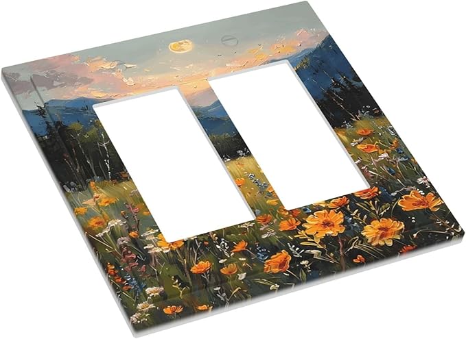 Sunset Wild Flower Field Floral Nature Landscape Decorative Outlet Covers 2 Gang Double GFCI Rocker Electrical Wall Panels Light Switch Cover Plate for Farmhouse Bedroom Decor