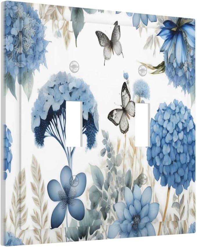 Blue Floral Hydrangea Floral Butterfly Flower Plant Decorative Switch Plates 2 Gang Double Toggle Outlet Light Switch Cover Wall Plate Electrical Faceplate for Bedroom Living Room Decor