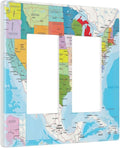 USA Map 2 Gang Double Rocker/Decor Light Switch Cover Decorative Outlet Wall Plate Electrical Faceplate Home Bedroom Art Panel Decor Screwless 4.7" x 4.6