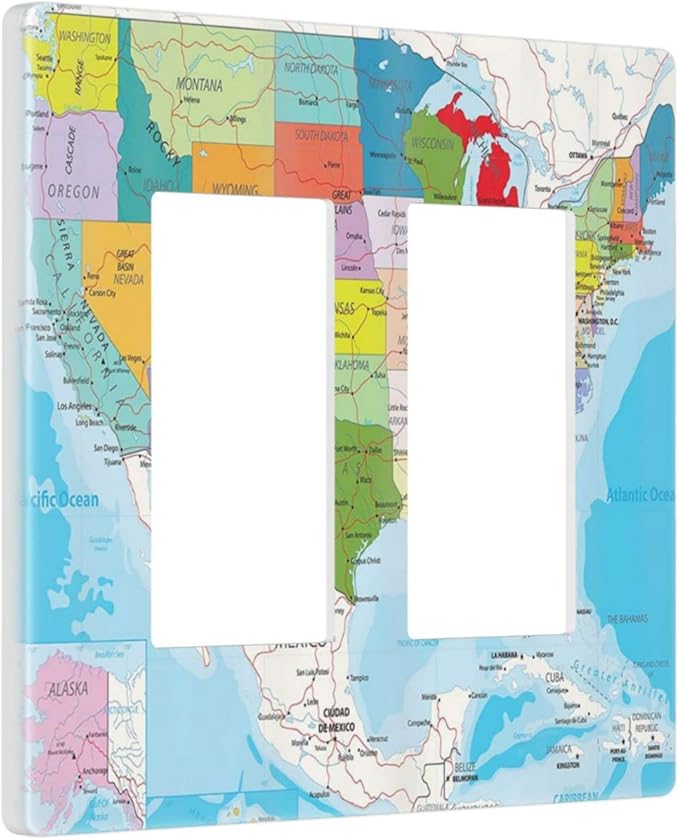 USA Map 2 Gang Double Rocker/Decor Light Switch Cover Decorative Outlet Wall Plate Electrical Faceplate Home Bedroom Art Panel Decor Screwless 4.7" x 4.6