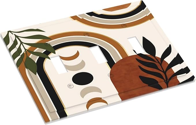 Boho Mid Century Arch Plant Leaves Sun Moon Decorative Switch Plates 3 Gang Wall Plate Triple Toggle Light Switch Cover Faceplate Electrical Wall Panels for Bedroom Living Room Decor