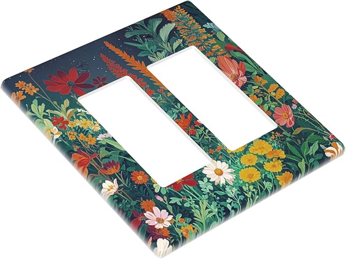 Decorative Outlet Covers with Wildflowers & Stars Botanical Floral Art Design 2 Gang Wall Plate Double Rocker Light Switch Cover Switch Plate Cover for Garden Theme Wall Decor