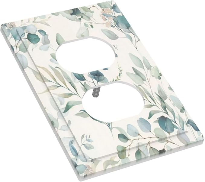 Boho Green White Eucalyptus Leaf Floral Outlet Covers 1 Gang Duplex Light Switch Cover Decorative Switch Plates Electrical Receptacle Faceplate Wall Plate for Farmhouse Living Room Decor