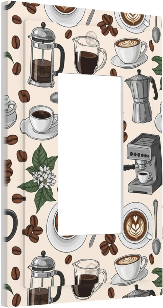 Whimsical Coffee Shop Single Rocker Switch Cover - 1-Gang Standard US Size Vintage Coffee Pattern Light Switch Covers, Café Culture Espresso for Dining Room Decor
