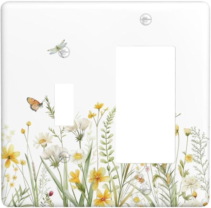 Colorful Wildflowers Dragonfly Butterfly Floral Outlet Covers 1 Toggle 1 Rocker Combination Decorative Wall Plate Electrical Switch Plates Light Switch Cover Plate for Bedroom Living Room Decor