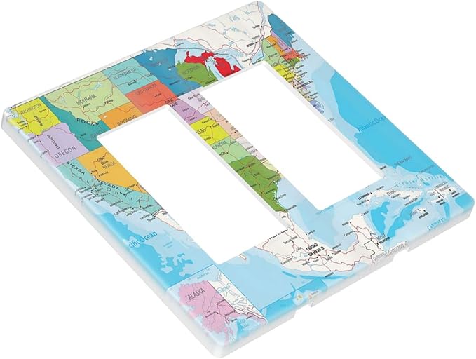 USA Map 2 Gang Double Rocker/Decor Light Switch Cover Decorative Outlet Wall Plate Electrical Faceplate Home Bedroom Art Panel Decor Screwless 4.7" x 4.6