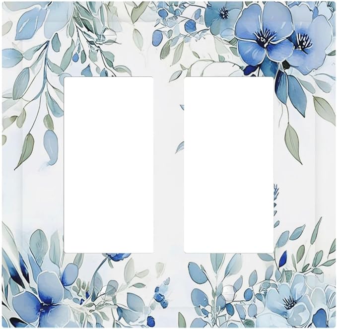 Watercolor Blue Flower Plant Floral Green Leaves Decorative Outlet Covers 2 Gang Double GFCI Rocker Electrical Wall Panels Light Switch Cover Plate for Bedroom Living Room Decor