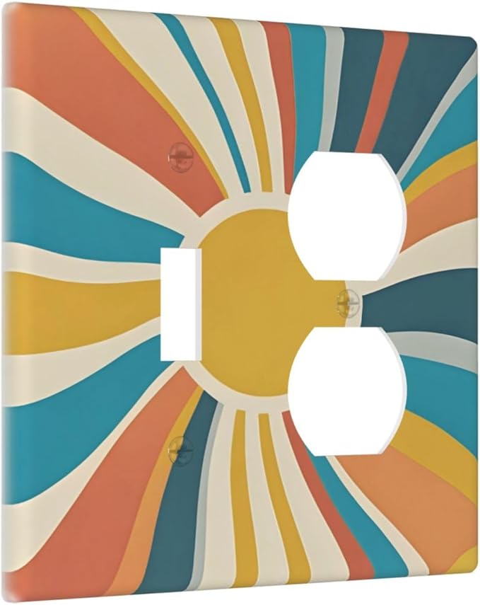 Decorative Switch Cover Plate with Retro Mid-Century Modern Sunburst Motif Design Toggle Duplex Wall Plate 2 Gang Light Switch Cover Outlet Covers for Abstract Teal/Yellow/Orange Wall Decor