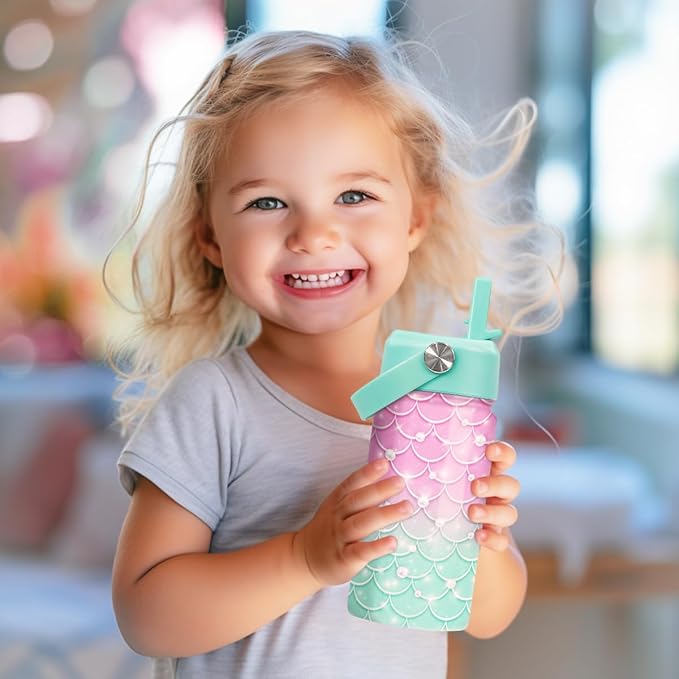Mermaid Water Bottle - Kids Water Bottle with Straw Lid - 12 Oz Insulated Stainless Steel Water Bottles for Kid Girl - Travel Cup for School Sports