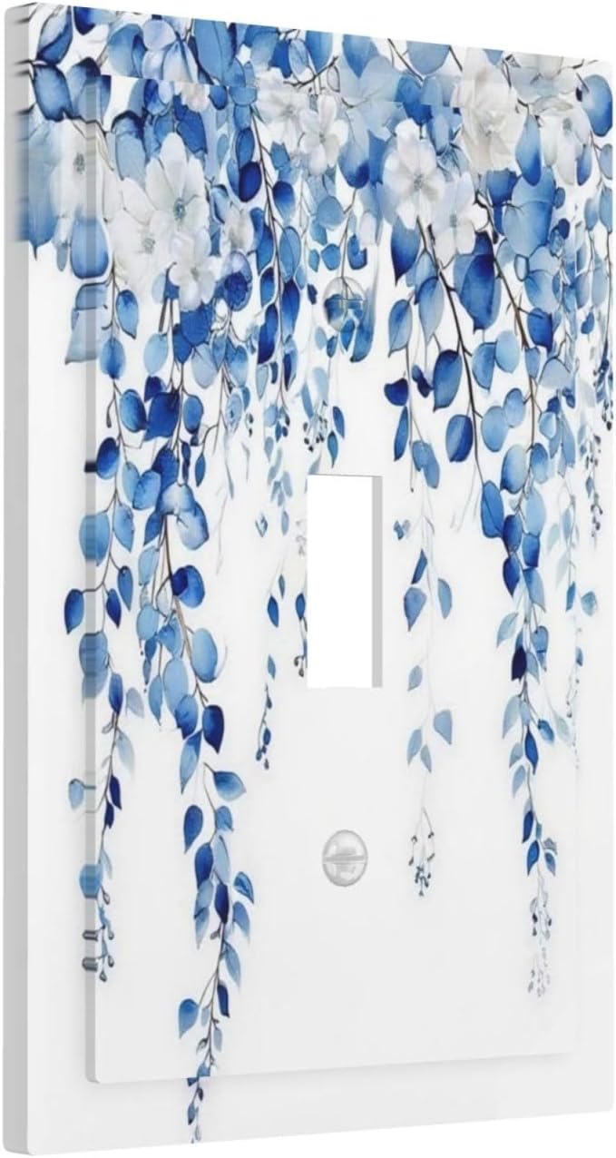 Blue Eucalyptus Leaves Floral Vine Flower Decorative Light Switch Cover 1 Gang Single Toggle Device Electrical Faceplate Switchplates Decorator Outlet Wall Plate for Bedroom Living Room Decor