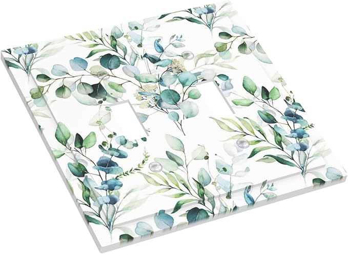 Green Eucalyptus Sage Leaves Toggle Light Switch Cover 2-Gang Elegant Watercolor Plant Floral Vine Olive Leaf Electrical Decorator Dual Device Face Wallplate Decorative Double Switch Plate Covers