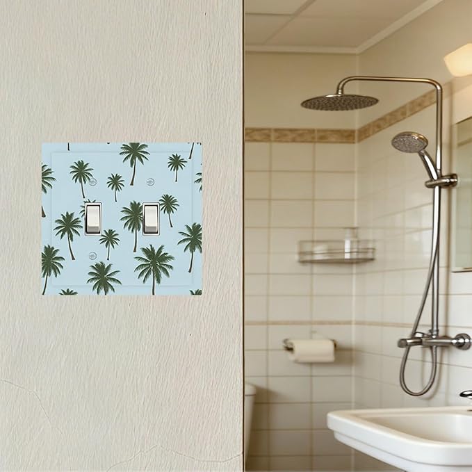Tropical Palm Tree Pattern Double Toggle Switch Cover - 2-Gang Standard US Size Coastal Breeze Light Switch Covers for Beach House Decor