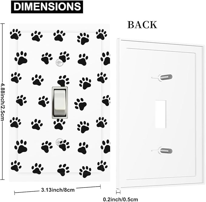 Black and White Dog Paw Print 1-Gang Toggle Light Switch Plate, Puppy Paws Decorative Wall Plate for Pet Lover's Home Decor