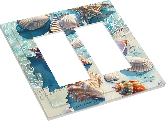 Decorative Outlet Covers Ocean Waves Starfish Conch Scallop Shell 2 Gang Double Gfci Rocker Electrical Wall Panels Light Switch Cover Plate For Kids Room Nursery Decor