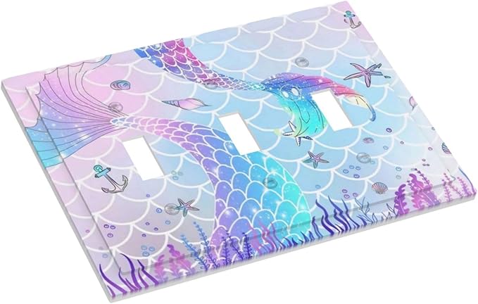 Cute Cartoon Pink Blue Coral Mermaid Scales 3 Gang Outlet Light Switch Cover Face Plate, Purple Marine Anchor Starfish Seashell Mermaid Tail Triple Toggle Switch Wallplate for Girl Kids Bedroom Decor