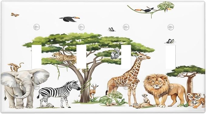 Large Animals Elephant Giraffe Jungle Lion Leopard Zebra Light Switch Covers Quad Toggle Electrical Faceplate 4 Gang Wall Plate Decorative Switch Plates Cover for Kids Room Nursery Decor