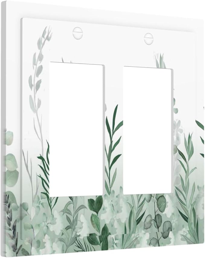 Watercolor Green Leaf Rustic Plant Eucalyptus Flowers Decorative Outlet Covers 2 Gang Double GFCI Rocker Electrical Wall Panels Light Switch Cover Plate for Bed Room Living Room Decor