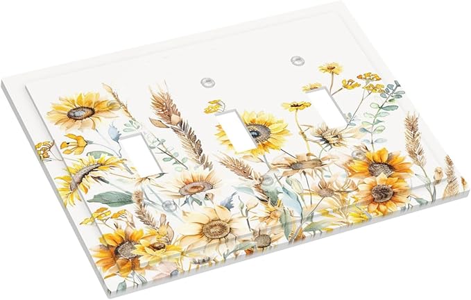 Yellow Floral Sunflowers Wheat Ears Watercolor Wild Flowers Decorative Switch Plates 3 Gang Wall Plate Triple Toggle Light Switch Cover Faceplate Electrical Wall Panels for Bedroom Living Room Decor