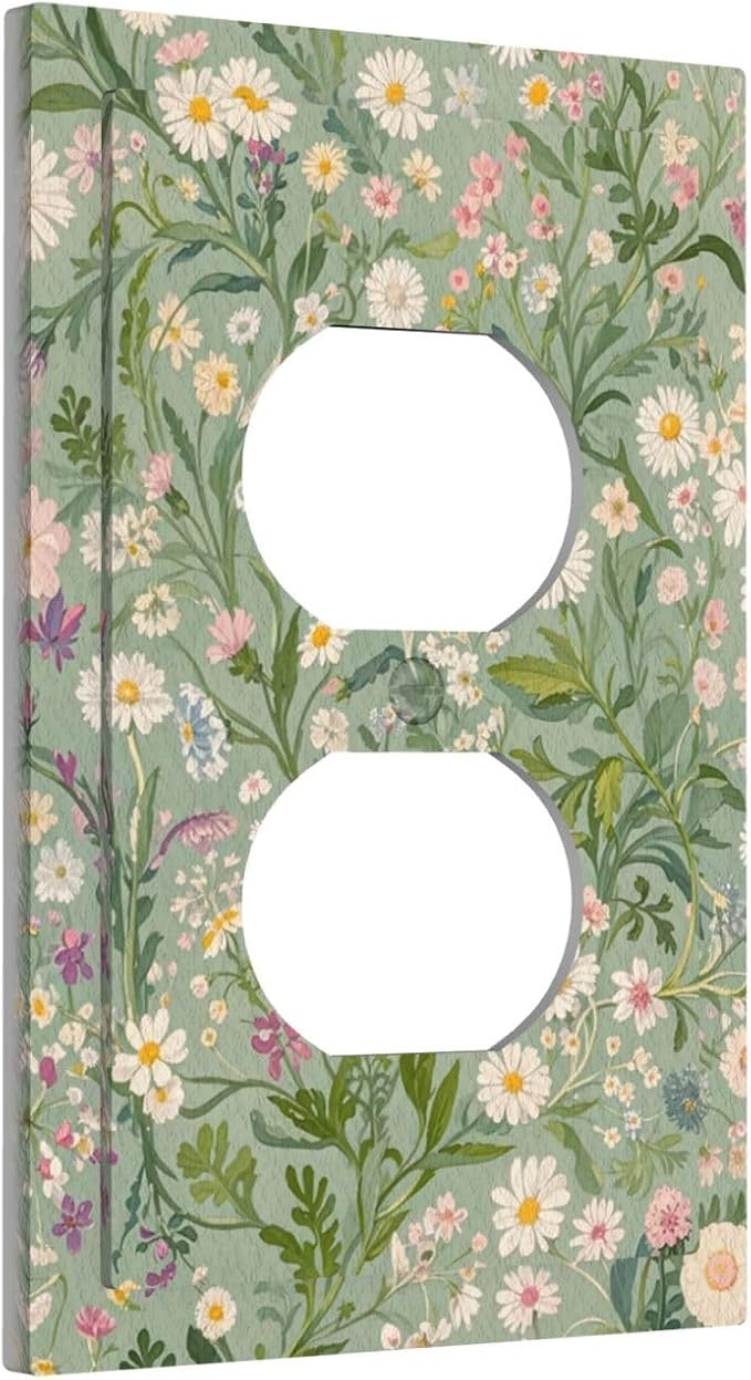 Decorative Outlet Covers with Vintage Wildflowers & Daisies on Light Green Background Design 1 Gang Duplex Light Switch Cover Plate Unique Wall Plates Switchplate Cover