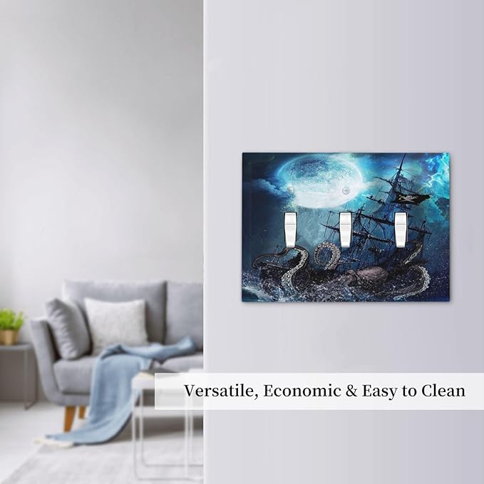 Starry Moon Night Ocean Nautical Octopus 3 Gang Light Switch Plates Decorative Triple Toggle Wall Plate Monster Pirate Ship Outlet Cover Electrical Faceplate Boy Man Room Cool Decorate