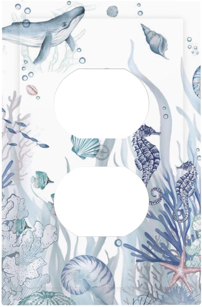 Ocean Themed Coral Seahorse Seashell Starfish Beach Outlet Covers 1 Gang Duplex Light Switch Cover Decorative Switch Plates Electrical Receptacle Faceplate Wall Plate for Bathroom Home Decor