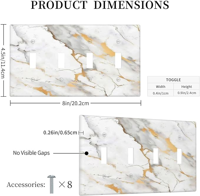 Light Switch Covers Marbling Style White Background Gold Gray Stripes Quad Toggle Electrical Faceplate 4 Gang Wall Plate Decorative Switch Plates For Bathroom Kitchen Decor