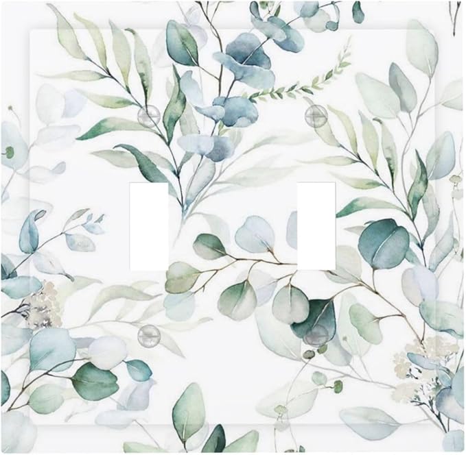 Watercolor Spring Eucalyptus Green Saga Boho Leaf Plant Botanical Floral Wild Flower Decorative 2-Gang Double Toggle Outlet Light Switch Wall Plate Electrical Receptacle Faceplate Cover Jumbo Size