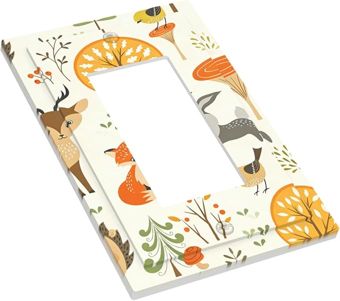 Cute Woodland Animals Single Rocker Switch Cover - 1-Gang Standard US Size Forest Pattern Trees Mushrooms and Berries Light Switch Covers for Boys & Girls Bedroom Decor