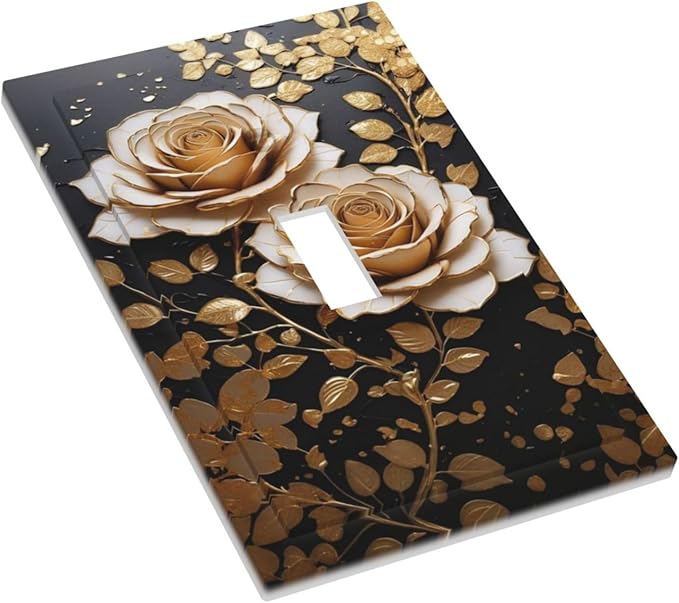Decorative Light Switch Plate Covers Big Golden White Roses Glod Leaves Black Background 1 Gang Wall Plate Single Toggle Switch Cover Plate Jumbo Electrical Switchplate Receptacle