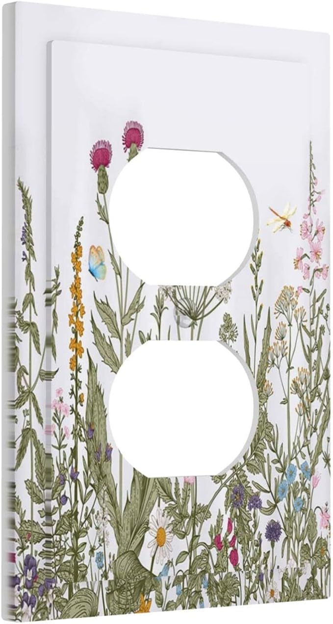 Rustic Wild Floral Vintage Teal Botanical 1 Gang Outlet Plate Duplex Decorative Outlet Covers Electrical Receptacle Lightswitch Faceplate 5" X 3"