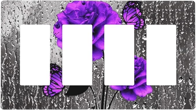 Romantic Purple Butterfly Rose Flower 4 Gang Quad Rocker Light Switch Cover Decorative Quadruple Device GFCI/Decorator Wall Plate Electric Faceplate Screwless