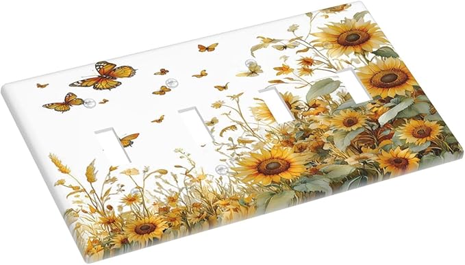 Sunflower Gold Wildflowers Summer Butterfly Light Switch Covers Quad Toggle Electrical Faceplate 4 Gang Wall Plate Decorative Switch Plates Cover for Bedroom Living Room Decor