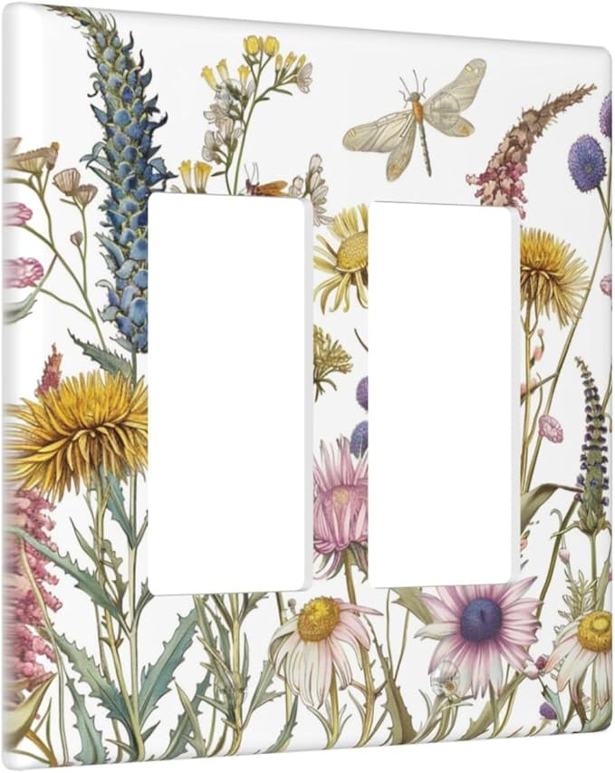 Light Switch Cover Plate Botanical Wildflowers Dragonfly Colorful Floral 2 Gang Double Rocker Outlet Covers Decorative Switch plates Electrical Wall Plates GFCI Receptacle for Bathroom Bedroom