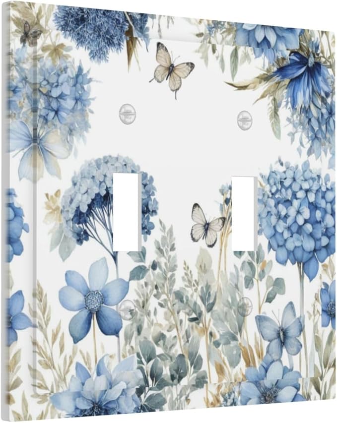 Decorative Light Switch Plate Covers Boho Blue Flowers Rustic Beige Butterfly Leaves 2 Gang Wall Plate Double Toggle Switch Cover Plate Electric Dual Device Electrical Faceplate