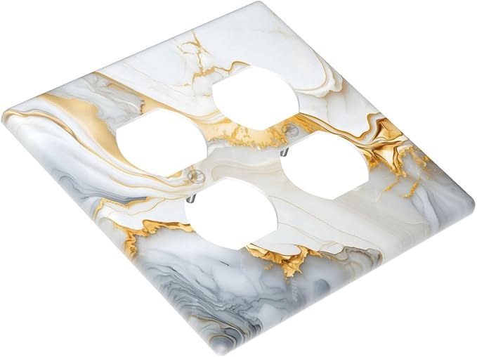 Exquisite White Gold Marble Abstract Luxurious Print Outlet Covers 2 Gang Double Duplex Decorative Light Switch Covers Electrical Wallplates Socket Faceplate for Bathroom Kitchen Decor