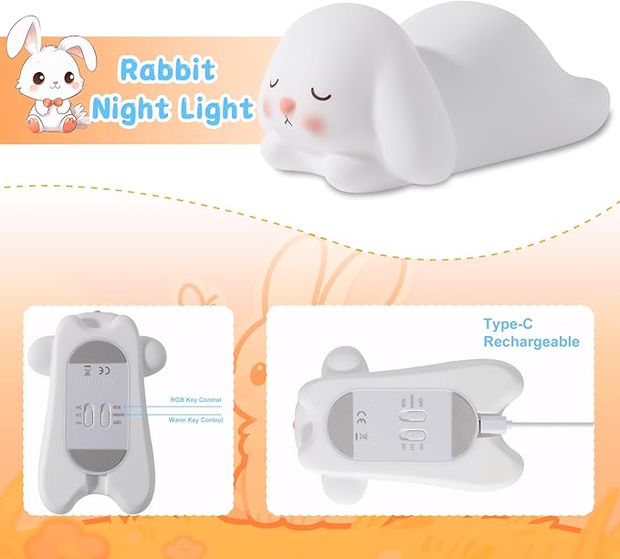 ZKLiLi Bunny Night Light for Kids Lamp, 16 Colors Lamp Cute, Dimmable Baby Night Lights for Nursery,Silicone Rechargeable Nightlight for Kids Room, Kawaii Room Decor