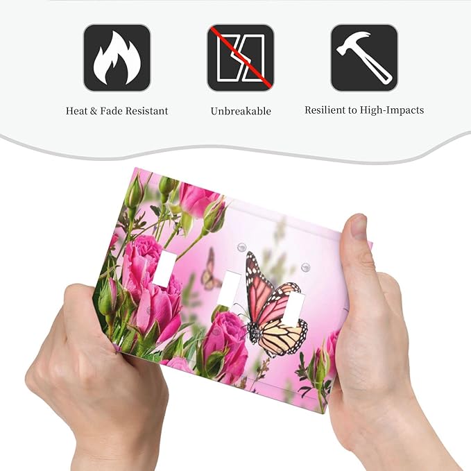 Vintage Pink Wildflower Flower Butterfly Farmhouse Botanical Triple Toggle Light Switch Cover Decorative 3 Gang Wall Plate Switchplate Home Faceplate Rose Butterfly Rustic Barn Kitchen Bathroom Decor