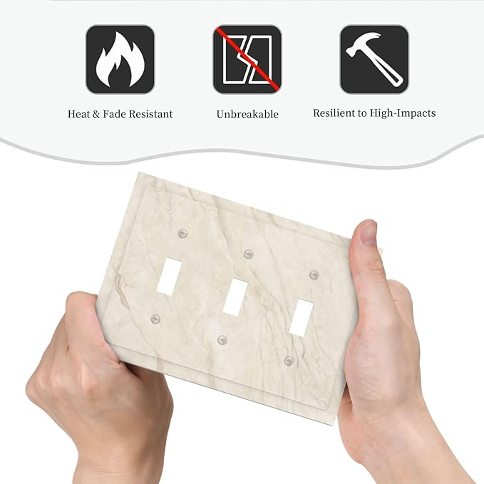 White Taupe Marble Abstract Luxury Decorative Switch Plates 3 Gang Wall Plate Triple Toggle Light Switch Cover Faceplate Electrical Wall Panels for Bathroom Kitchen Home Decor