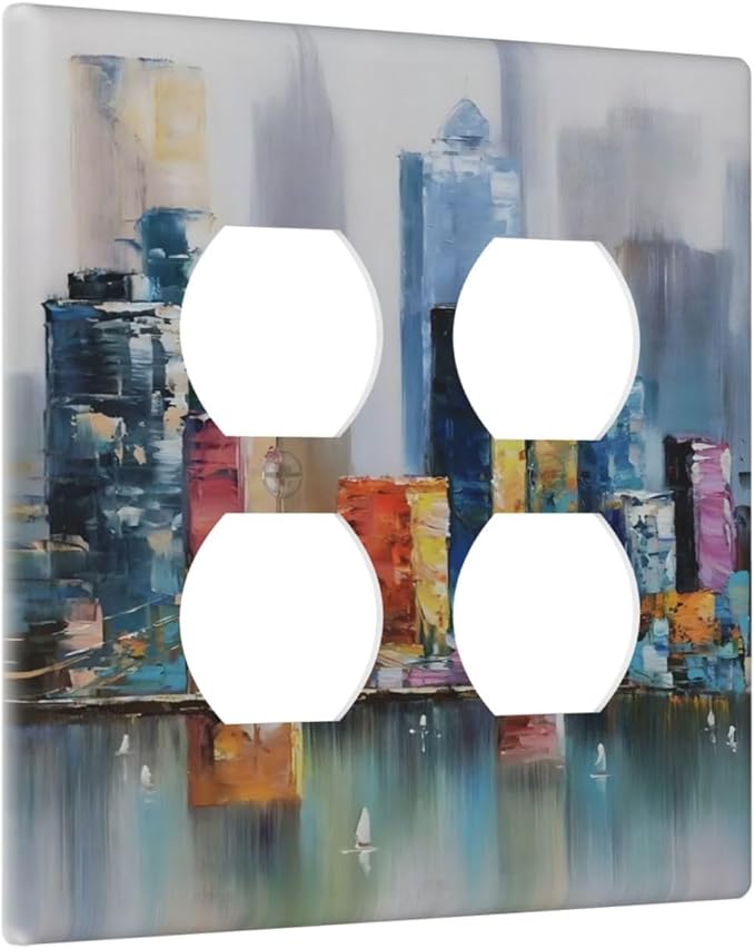 Colorful Nyc Skyline Textured Modern Abstract Outlet Covers 2 Gang Double Duplex Decorative Light Switch Covers Electrical Wallplates Socket Faceplate for Bedroom Living Room Decor