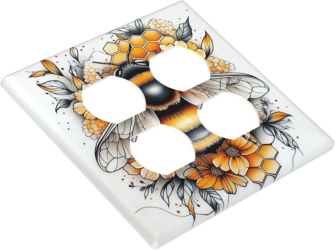 Outlet Covers Bee Honeycomb Flowers Plant Leaves 2 Gang Double Duplex Decorative Light Switch Covers Electrical Wallplates Socket Faceplate For Nursery Kids Room Decor
