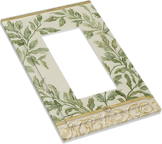 Soft Green Botanical Scroll Single Rocker Switch Cover - 1-Gang Standard US Size Regency Style Leafy Vine Design Light Switch Covers for Bedroom Living Room Decor
