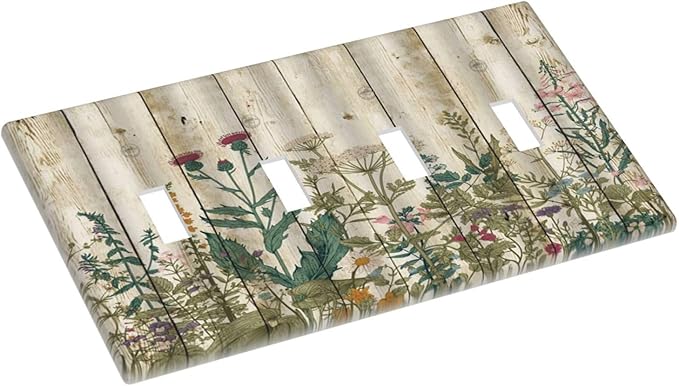 Vintage Wild Flowers Botanical Green Leaves Plants Quad Toggle Light Switch Covers Decorative Rustic Wood Plank 4 Gang Wall Plate Electrical Faceplate Switchplate for Farmhouse Bedroom Decor